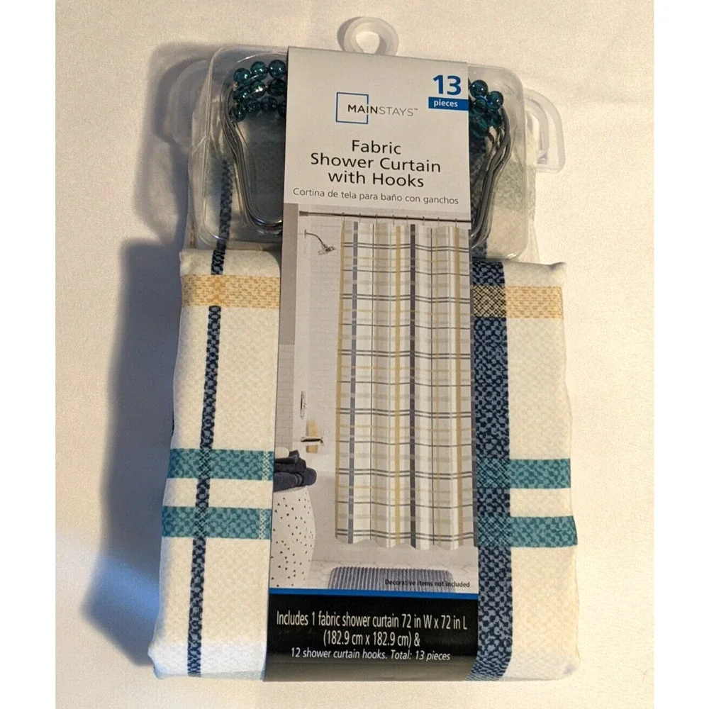 Mainstays Fabric Shower Curtain with Hooks Blue Plaid 13 Pieces